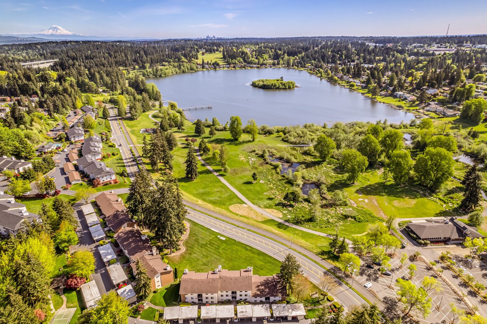 Aerial view of a lakeside Seattle rental community