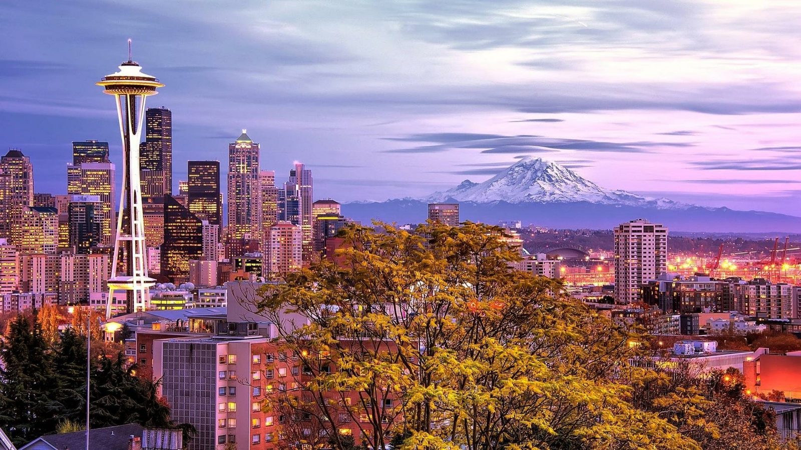 Seattle skyline at dusk with Mt. Rainier